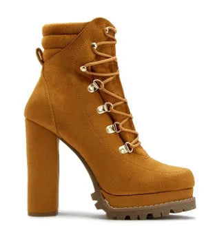 Women's suede thick-heel knee-high boots in army green with rivet details and a round toe.