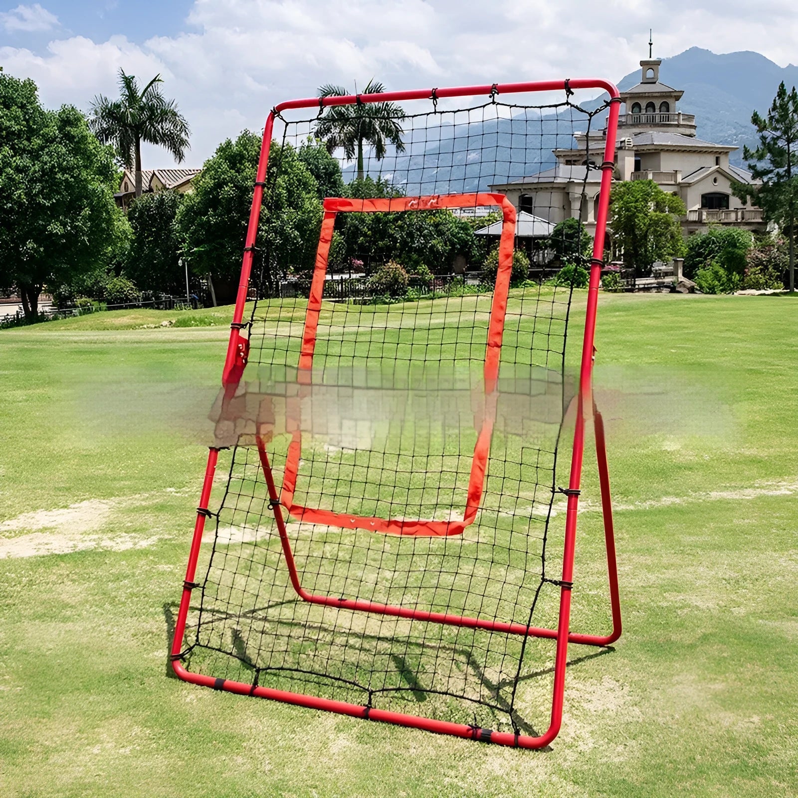 Red portable baseball training net with adjustable metal frame folded for storage