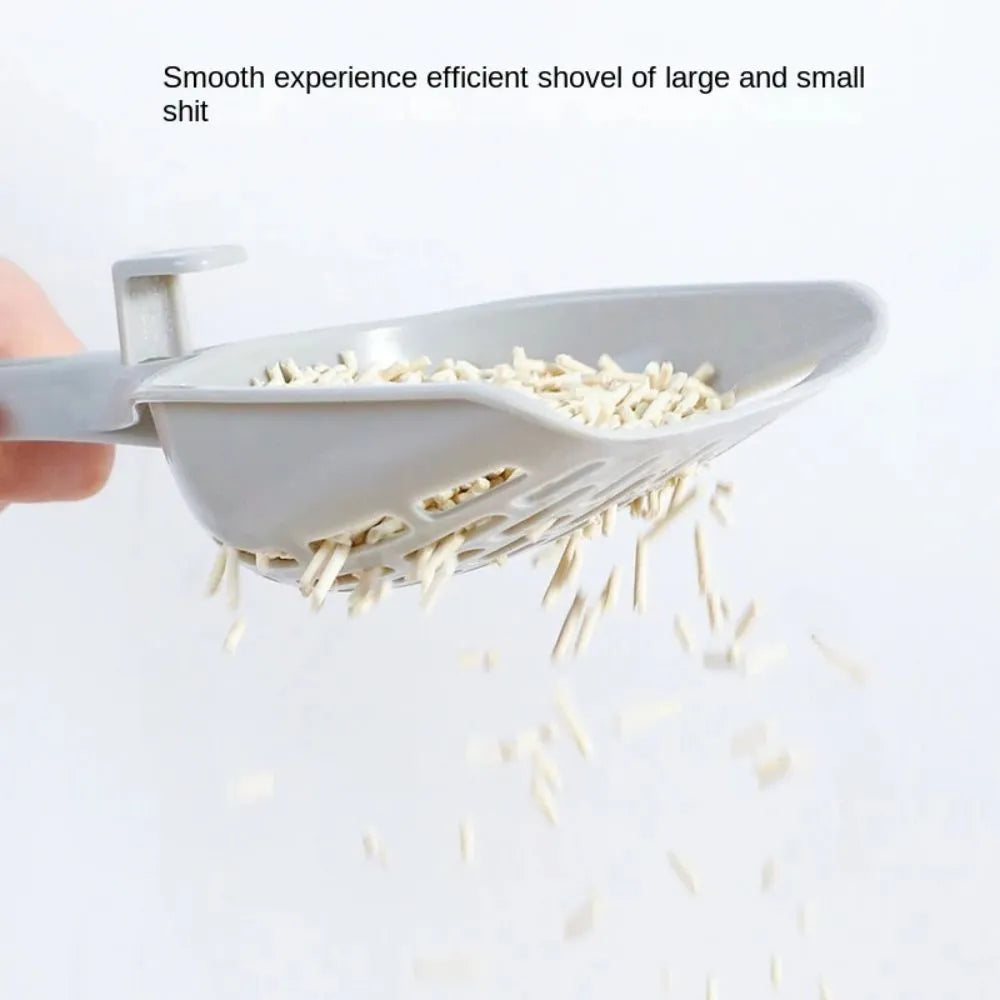 Grey plastic cat litter scoop with integrated base for self-cleaning convenience