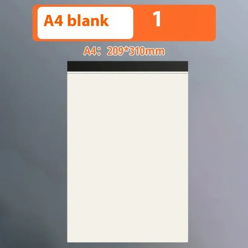 A5, B5, and A4 writing pads with paper covers showing blank, grid, and lined page options