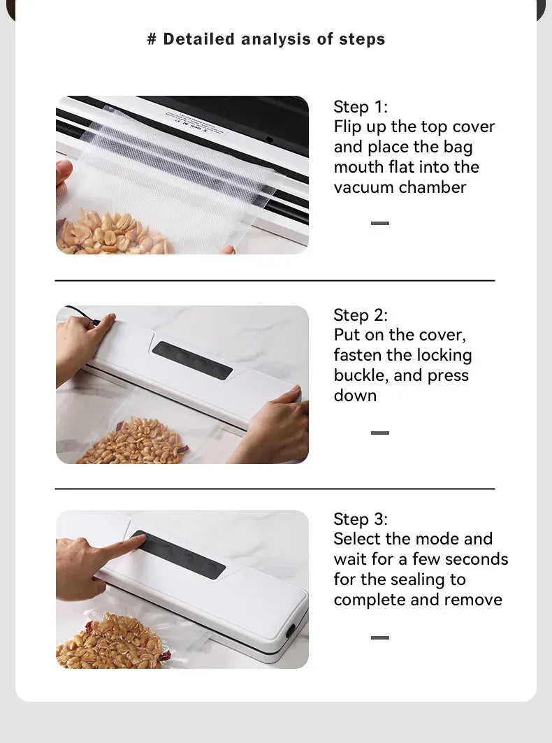 White compact automatic vacuum sealer machine for household food preservation on a kitchen counter.