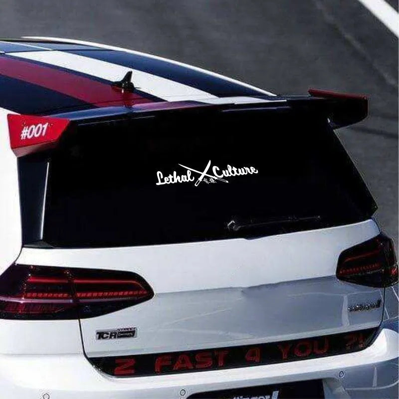 Yellow and silvery white vinyl car rear windshield family sticker decal showing letters and numbers