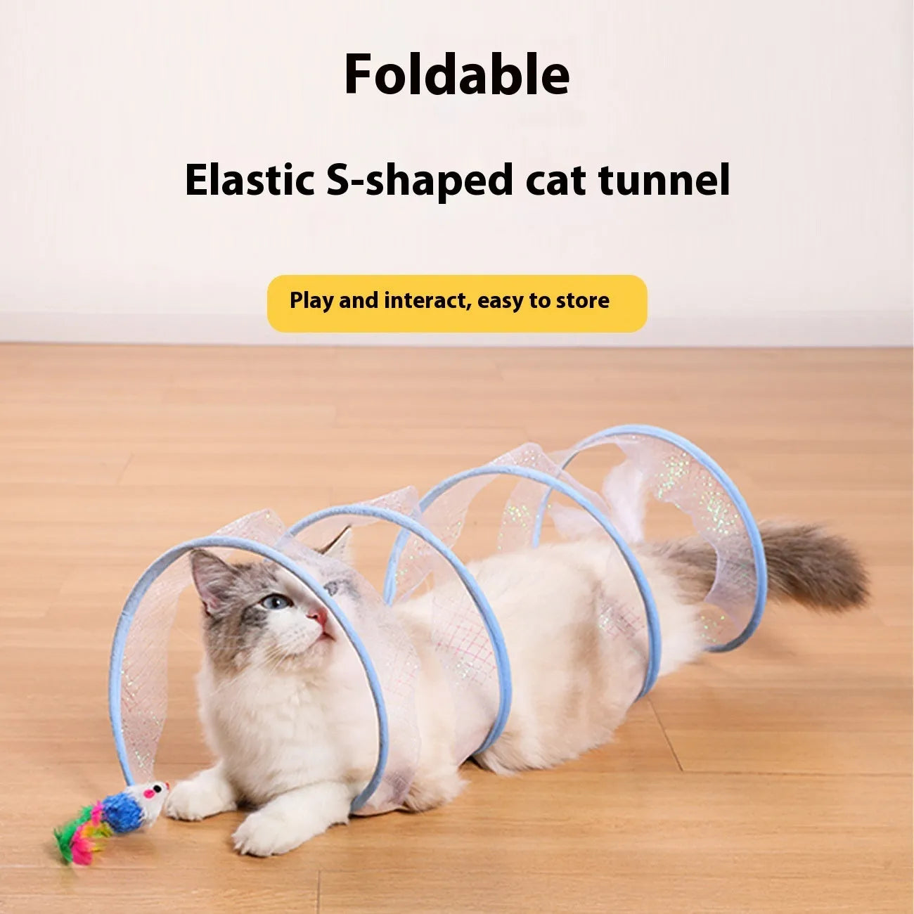 S-shaped cat tunnel toy with steel wire frame, elastic netting walls, and colourful feather attachments