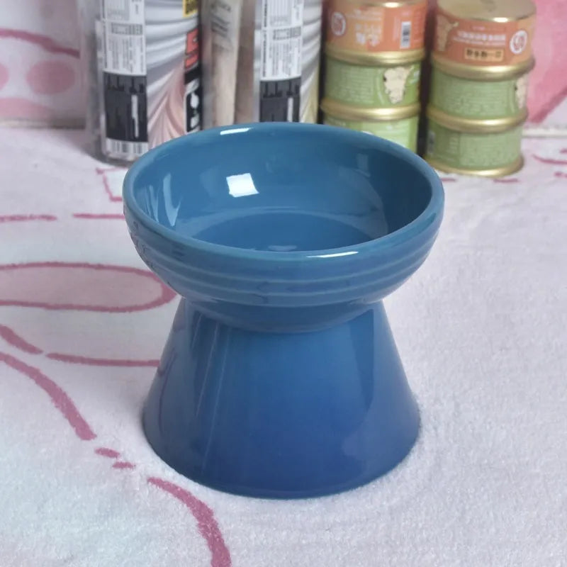 Black ceramic pet bowl with high foot neck protector for anti-tumble feeding