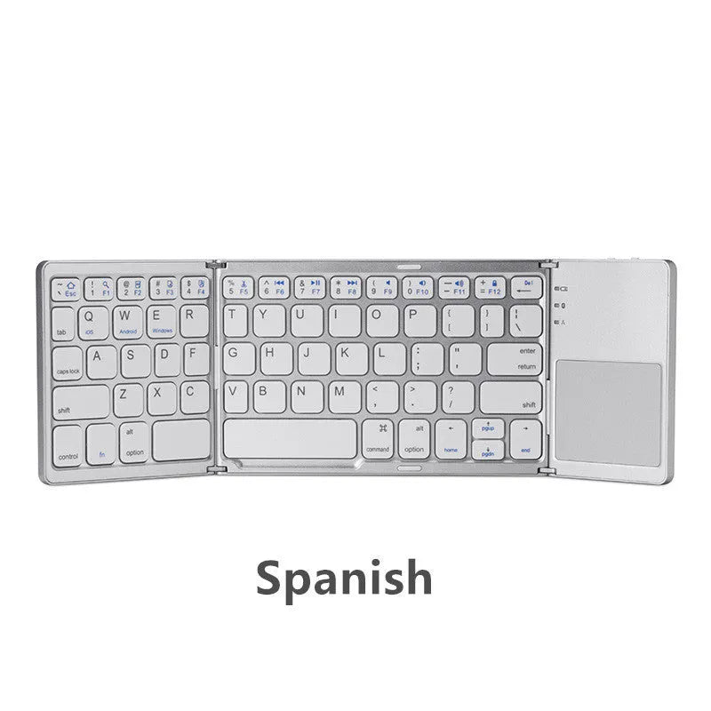 Ultra-thin tri-fold folding touch Bluetooth keyboard showing folded and open positions with integrated touchpad