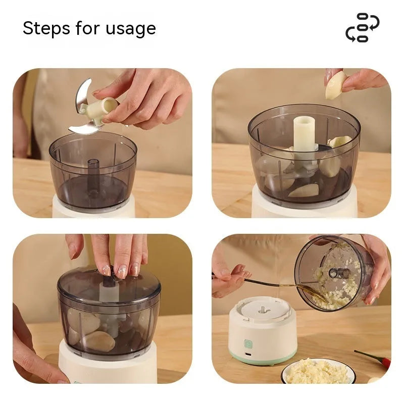 White mini electric meat grinder with transparent cup and stainless steel blades on a kitchen worktop