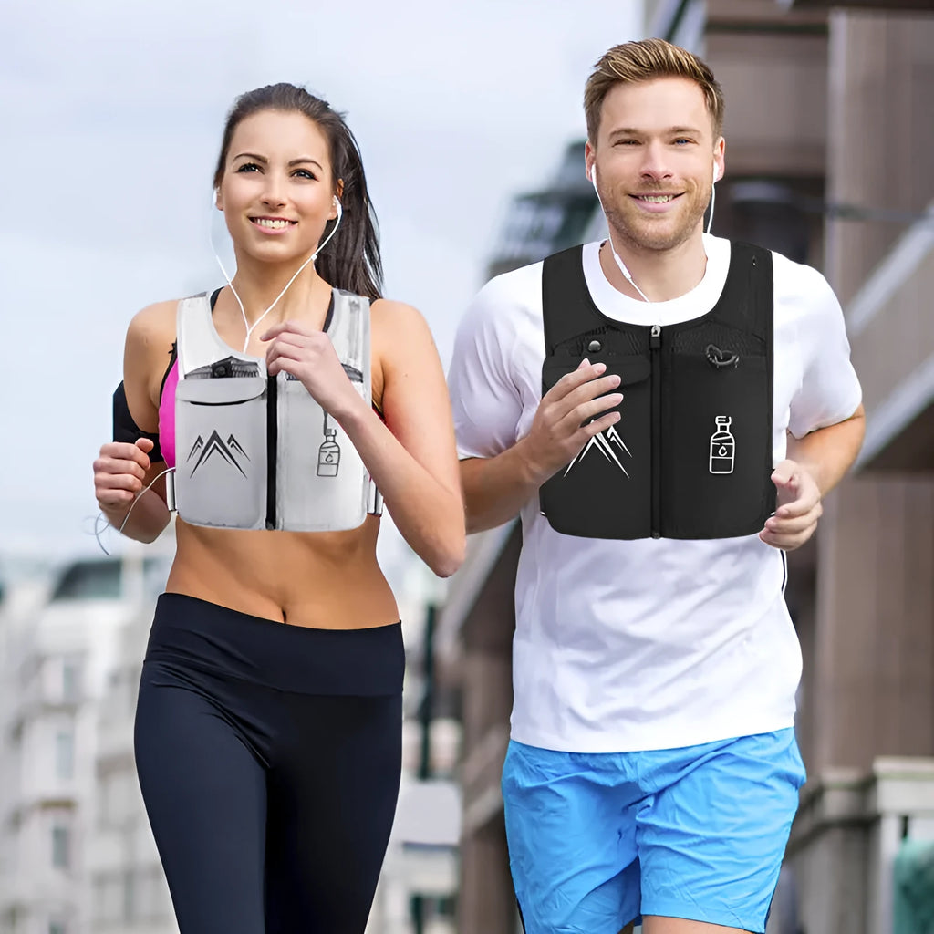 Breathable mesh sports running vest with phone pocket shown in classic black colour