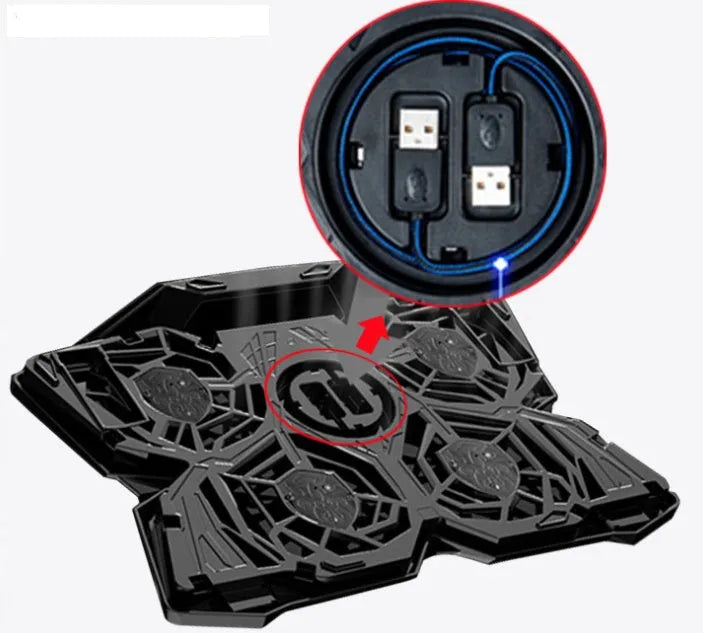 Blue laptop cooling pad with four illuminated fans and two control switches on the front.