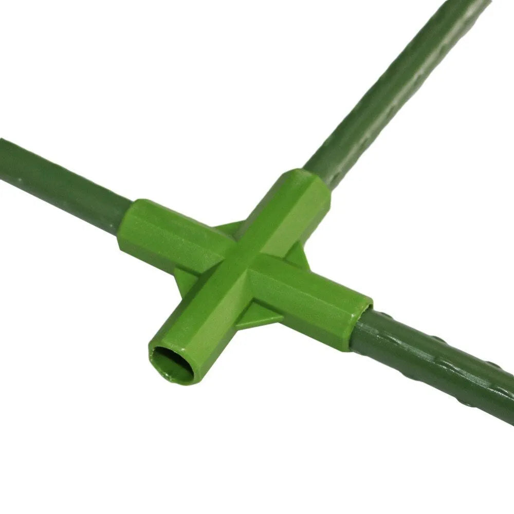 Two white PP plastic plant support connectors for 11mm garden stakes on a green background