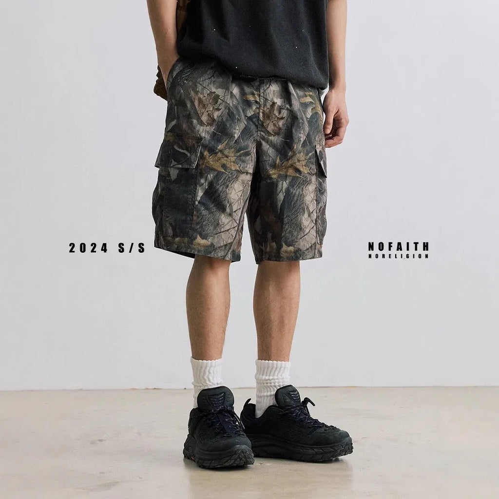 Men's loose casual straight-leg denim shorts in black and army green colours