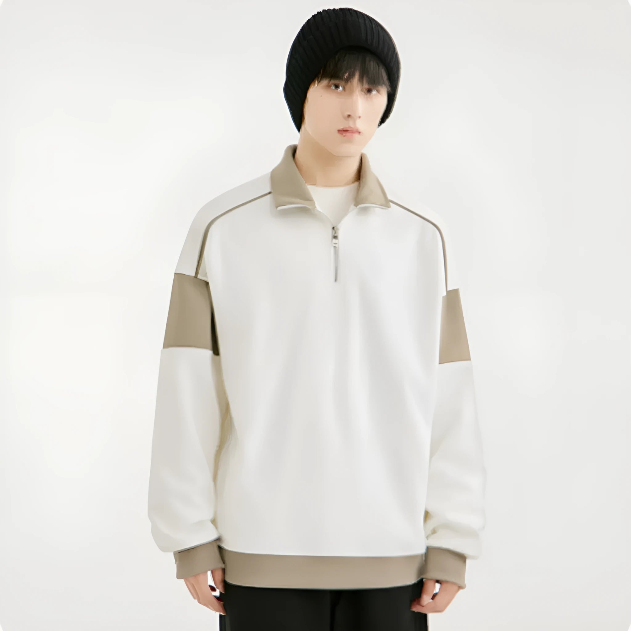 Men's black corduroy hooded pullover sweater with drop shoulders and loose lapels