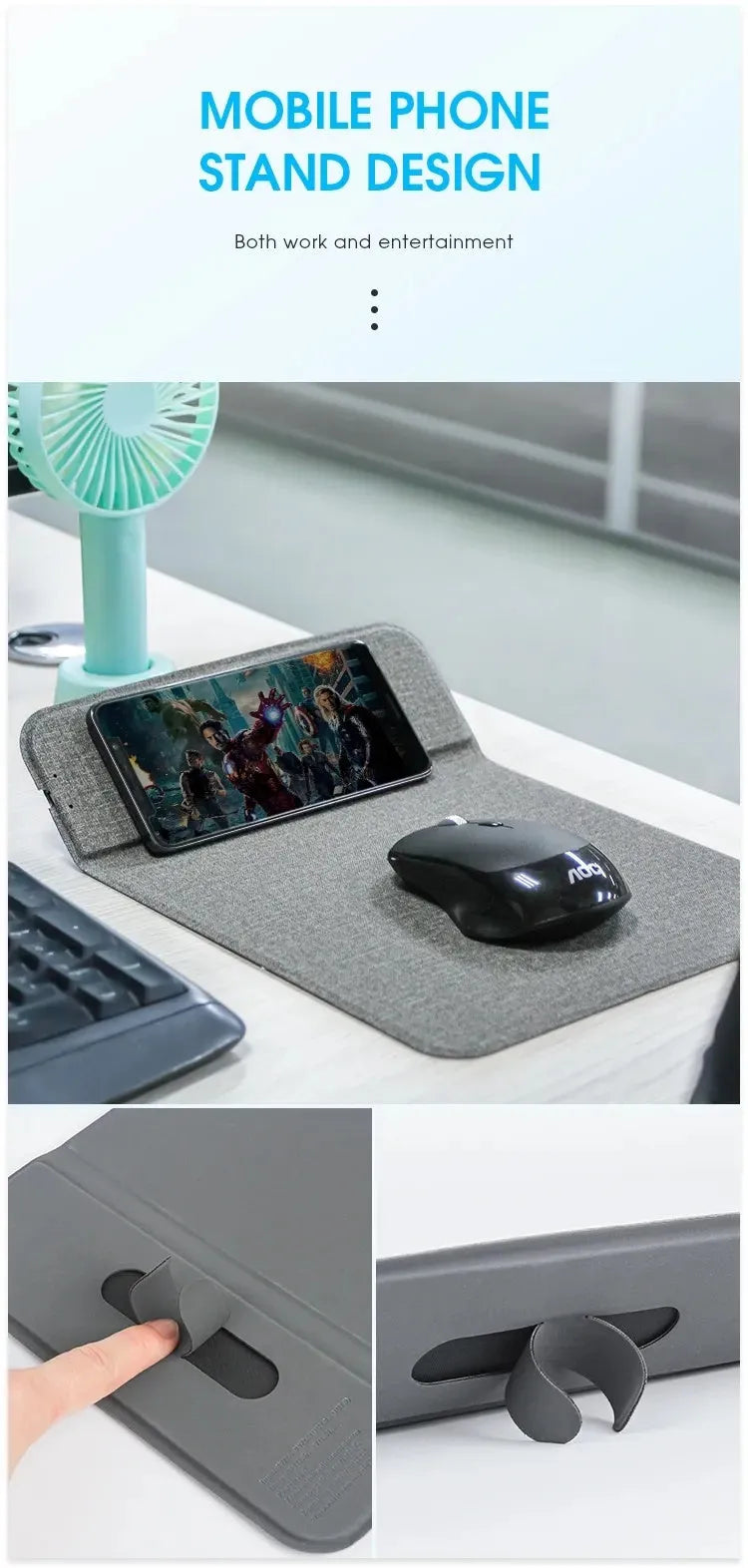 Foldable cloth wireless phone charger showing 10W fast charging and magnetic alignment features