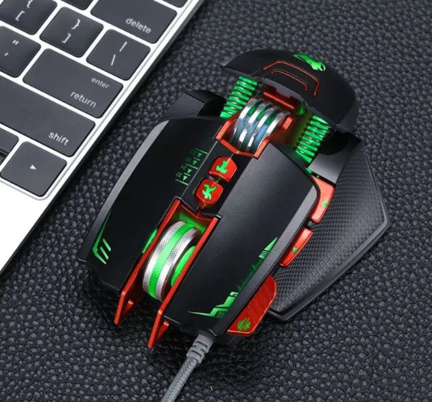 Thunder Wolf V9 black and grey wired gaming mouse with USB cable on a desk