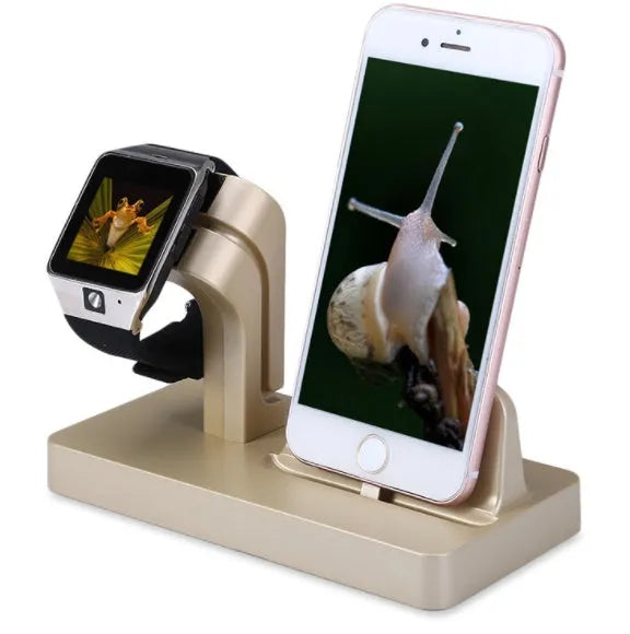 White 2 in 1 desktop charging dock station holding an iPhone and an Apple Watch upright.