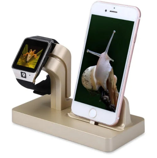 White 2 in 1 desktop charging dock station holding an iPhone and an Apple Watch upright.