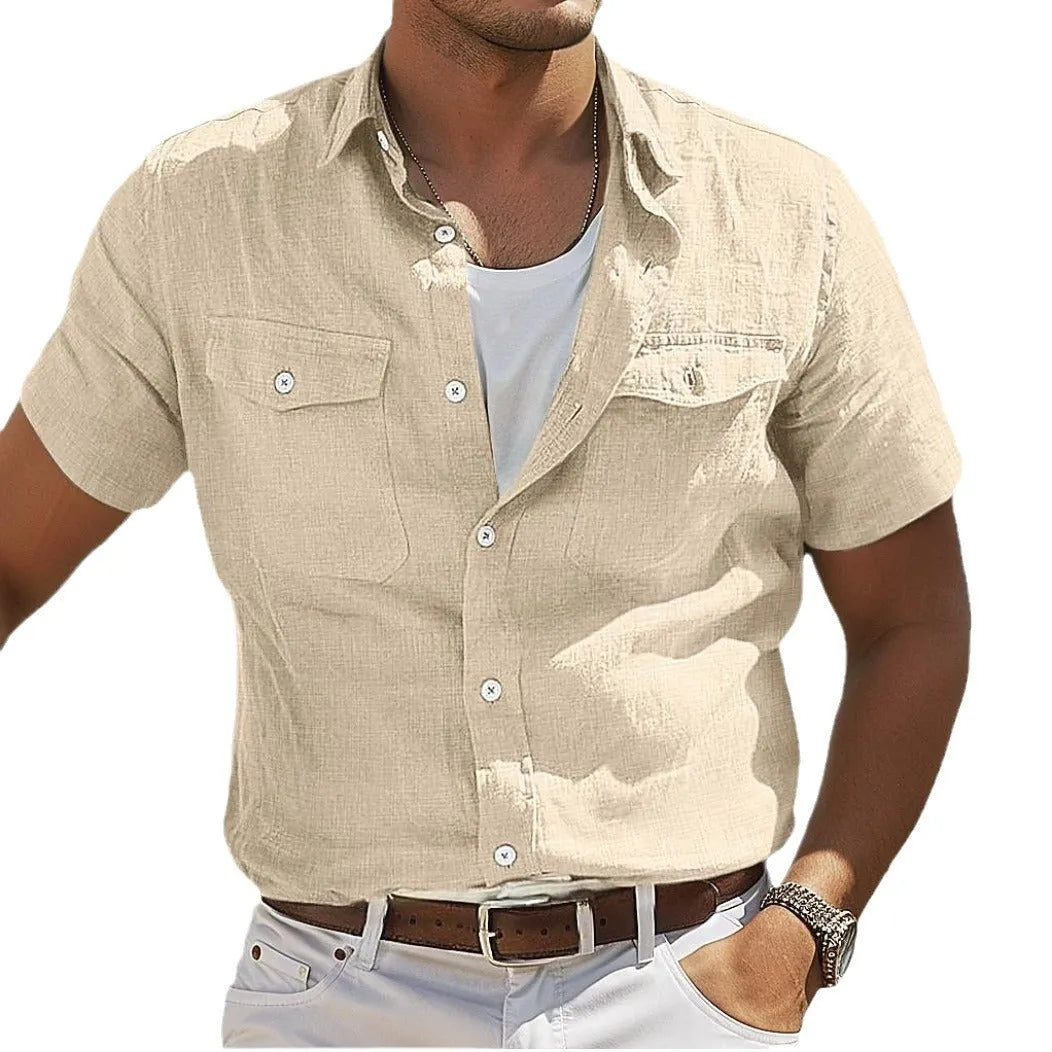 Men's loose fit linen summer shirt in solid colour with cardigan style and long sleeves