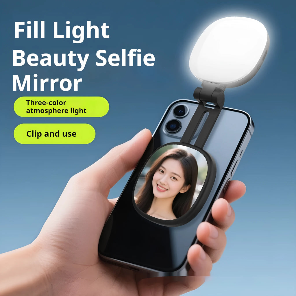 Black and white mobile phone magnetic selfie fill light with makeup mirror showing three-colour temperature adjustment