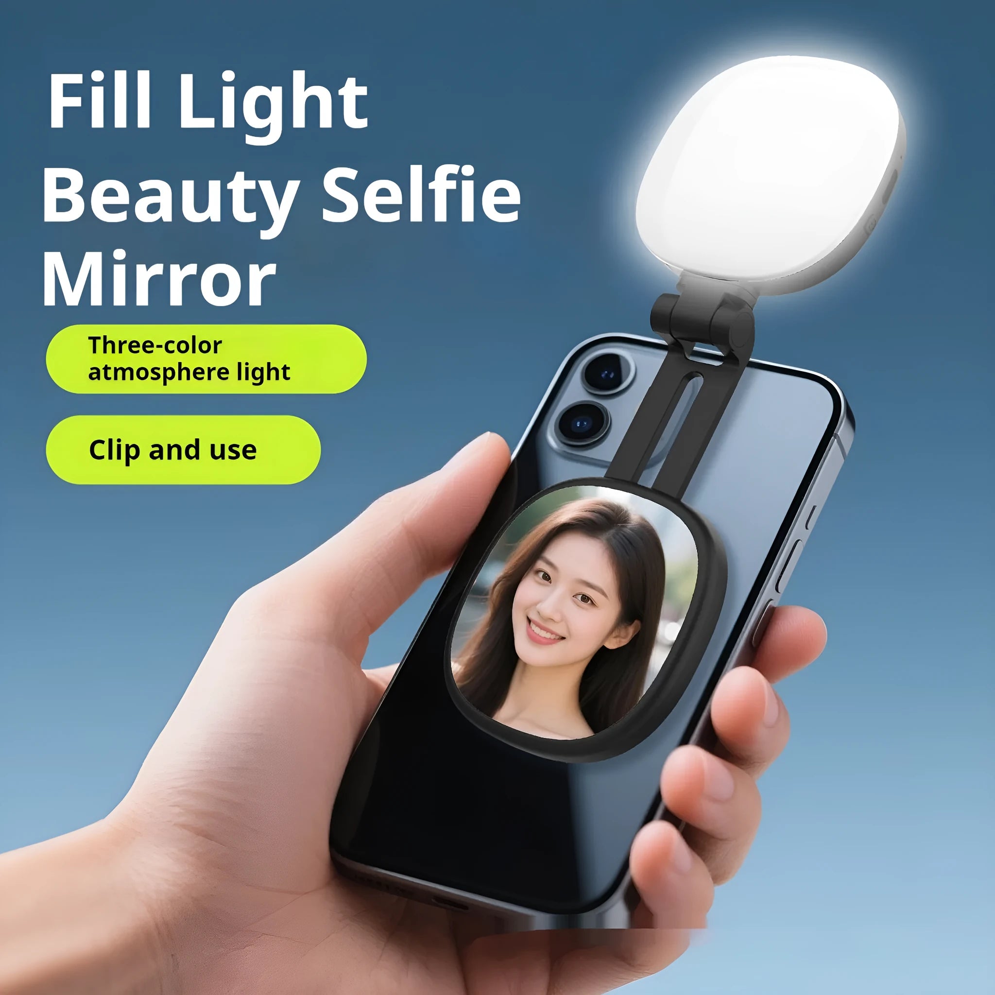 Black and white mobile phone magnetic selfie fill light with makeup mirror showing three-colour temperature adjustment