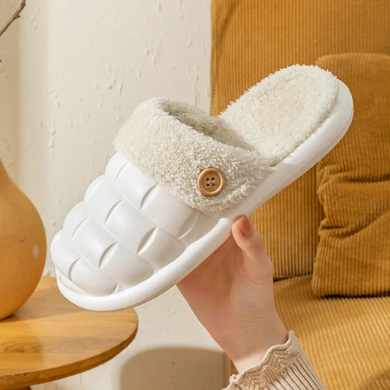 Plaid detachable EVA slippers with plush lining, shown in pink, with a round toe and flat sole.