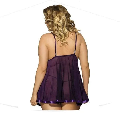 Women's black lace mesh sleepdress showing seamless construction and extended sizing