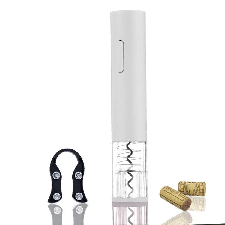 Black automatic electric wine bottle opener with integrated foil cutter on a countertop