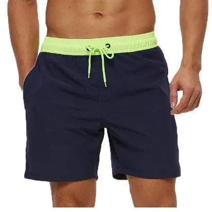 Men's blue polyester running shorts with a drawstring waist and a side headband pocket.
