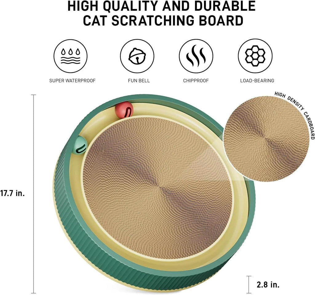 Large green cat scratching board with moving bell balls and replaceable cardboard core
