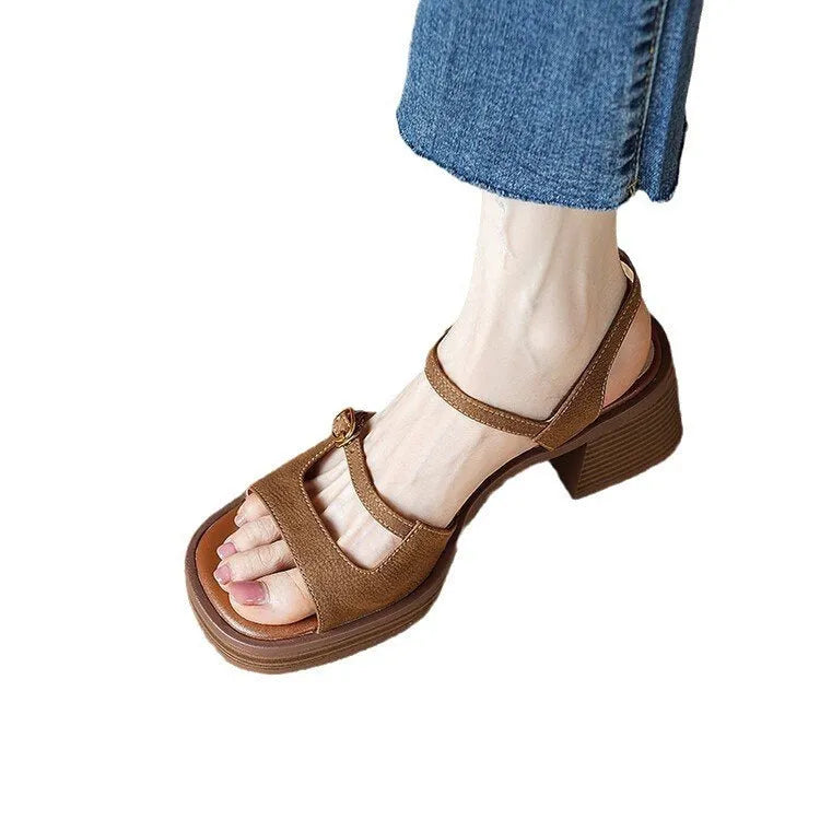 Women's open toe square toe platform sandals in brown with rubber sole and PU leather upper