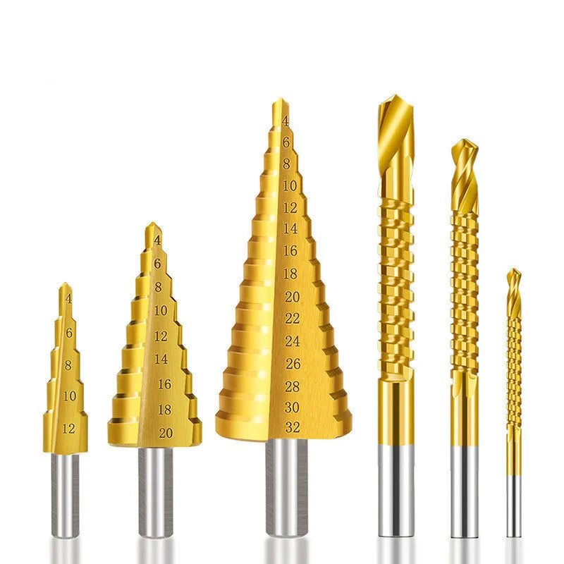 High speed steel cone step drill bit and centre punch set for metalworking and DIY.