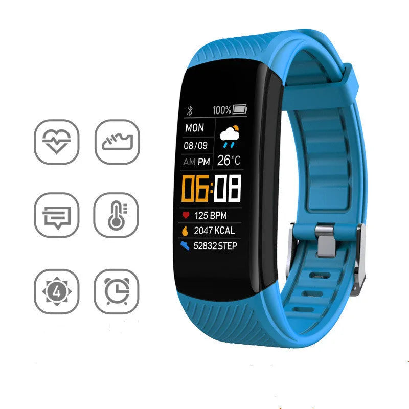 Black waterproof smart fitness tracker bracelet with 0.96-inch screen on a wrist