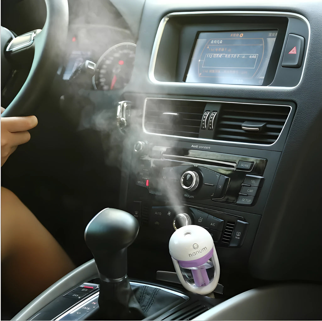 Portable car humidifier with air purifier functions in blue, green, pink or purple colours