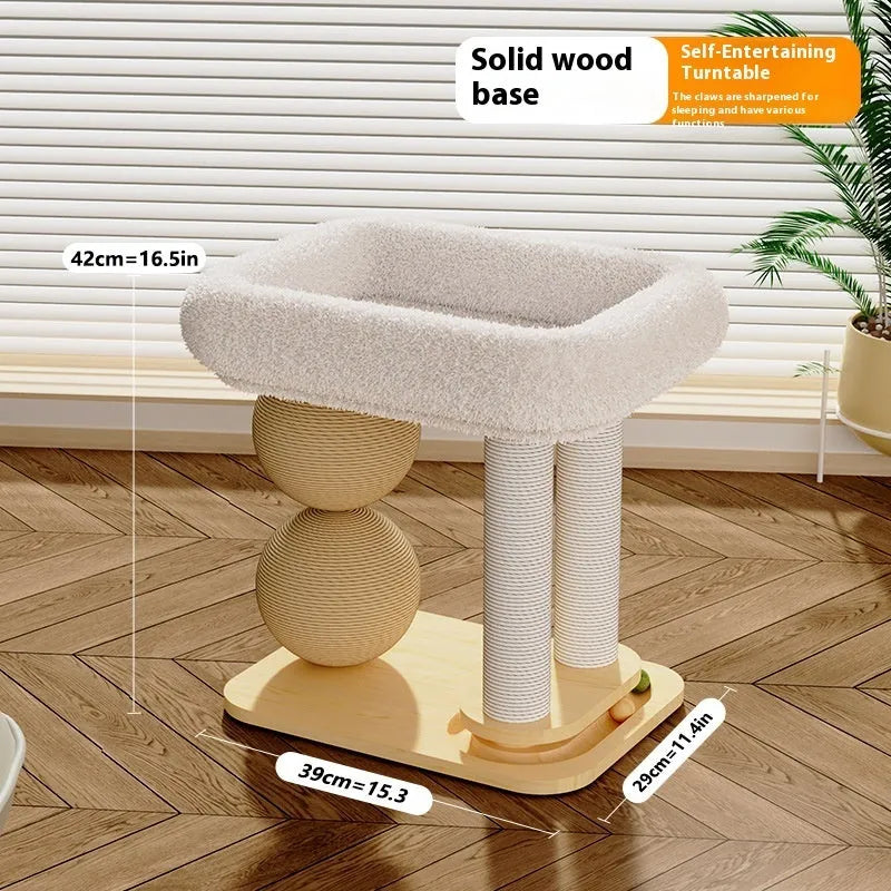 Pine wood cat nest with integrated scratching ball design