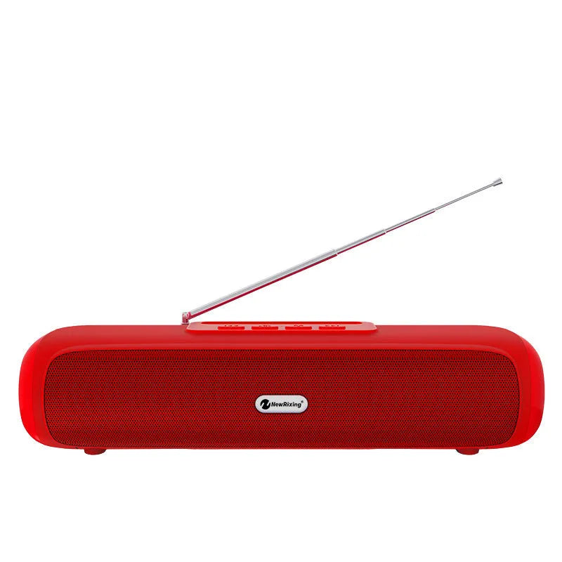 Desktop wireless long strip subwoofer speaker in black, blue, red, or silver grey colours.
