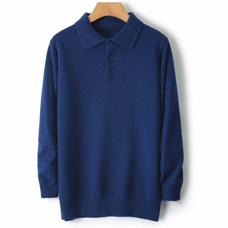 Men's grey wool pullover sweater with a polo collar, laid flat.