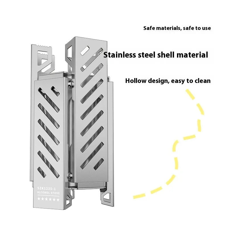 Hexagon alcohol stove in foldable position with black or silver alloy construction for camping