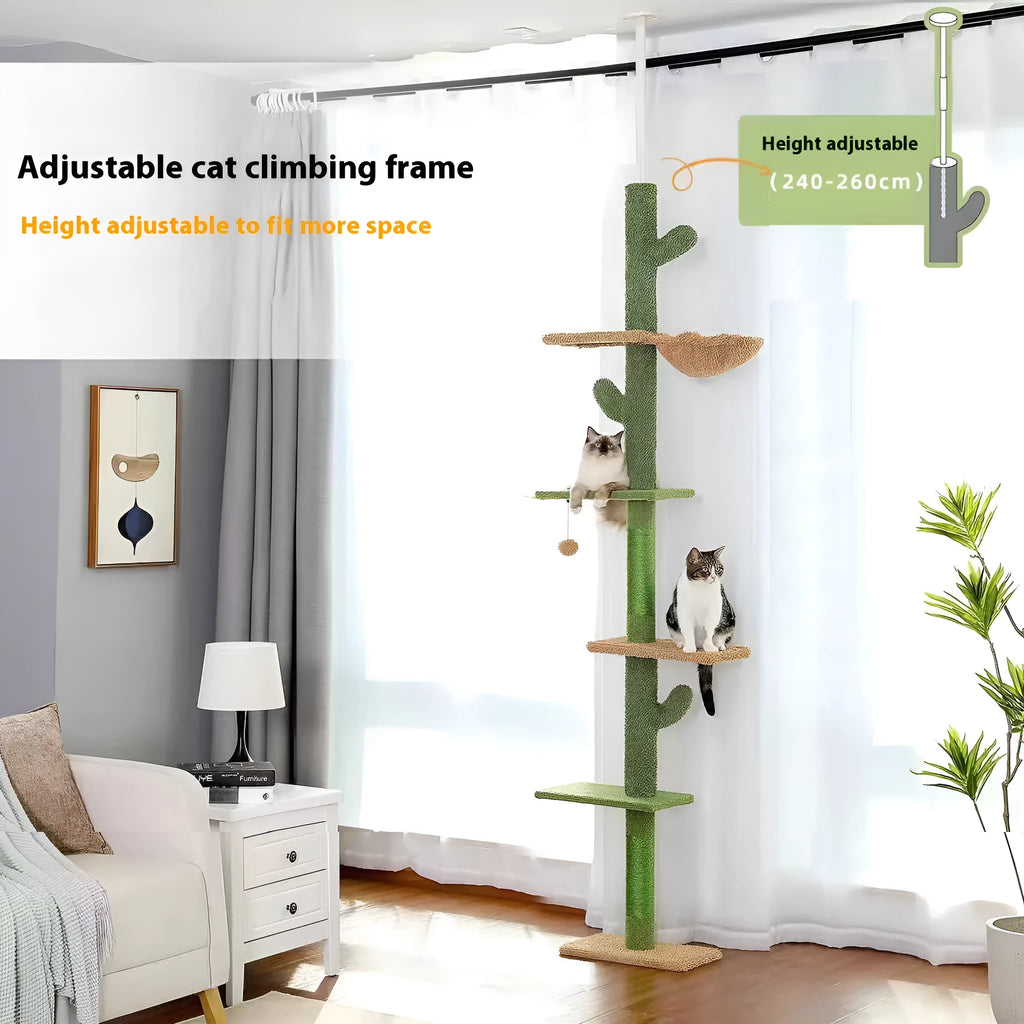 Tall cactus-shaped cat tree with integrated scratch board and nest on a solid wood frame.