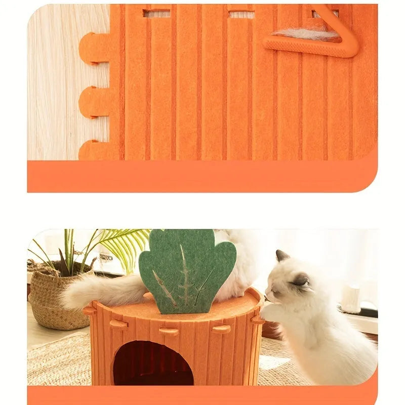Carrot-shaped cat tunnel in polyester felt with semi-enclosed design and entry holes