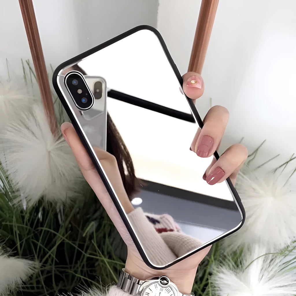 Black iPhone case with a reflective mirror surface on the back, compatible with iPhone X, 7, and 8 Plus.