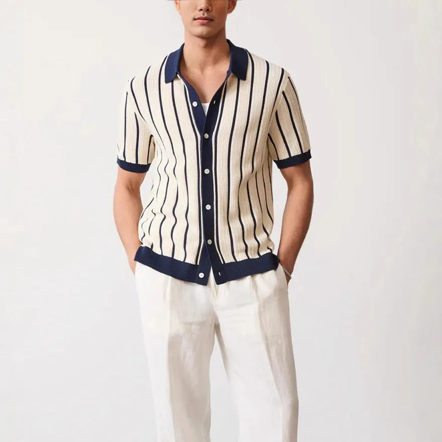 Men's white knitted short sleeve top with a lapel collar and asymmetric British style design