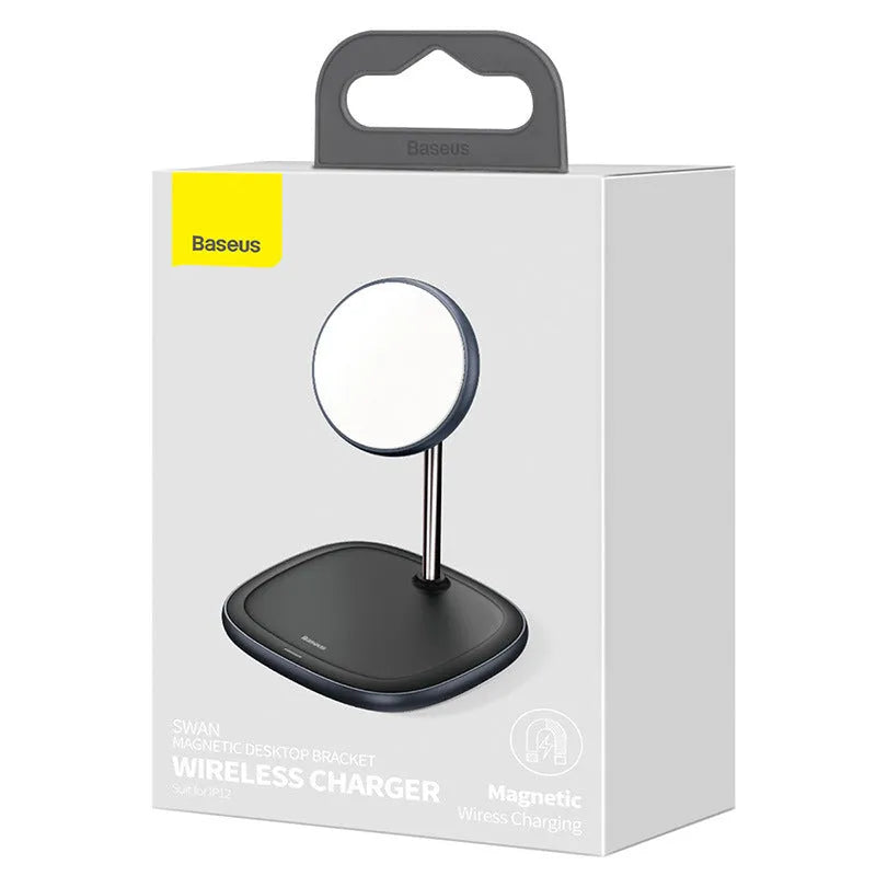 Swan magnetic desktop wireless charger for iPhone 12 in black or white colour