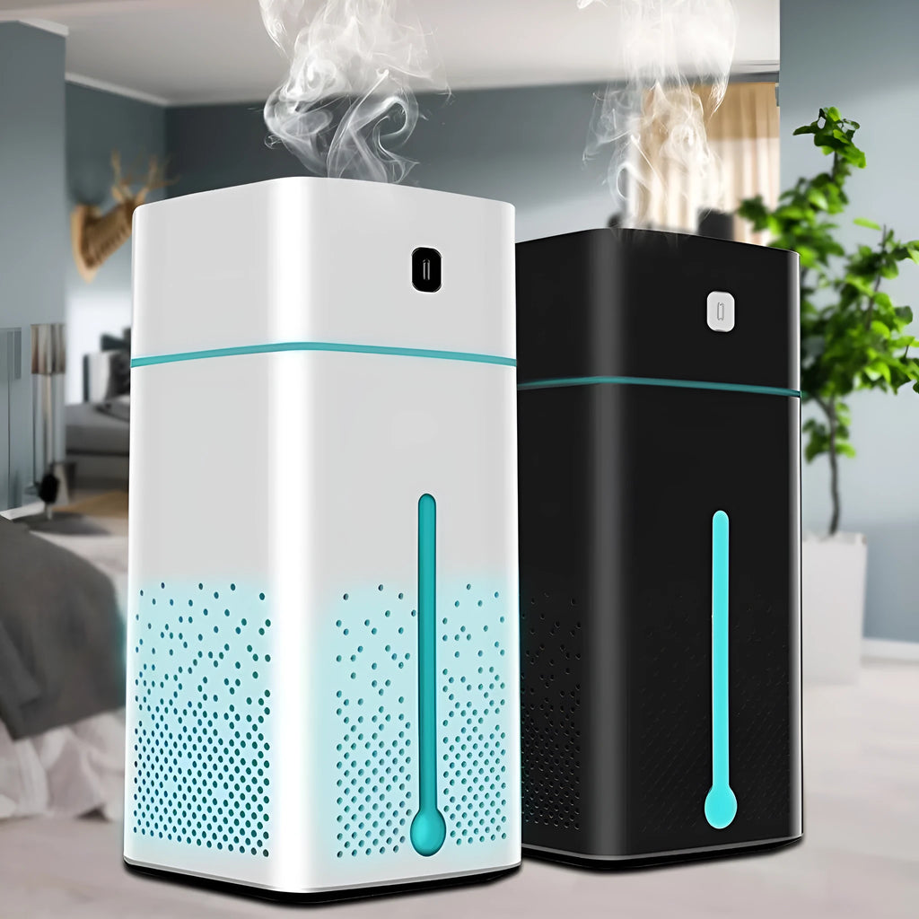 Black or white USB desktop humidifier with 1000ml water capacity measuring 103x103x218mm