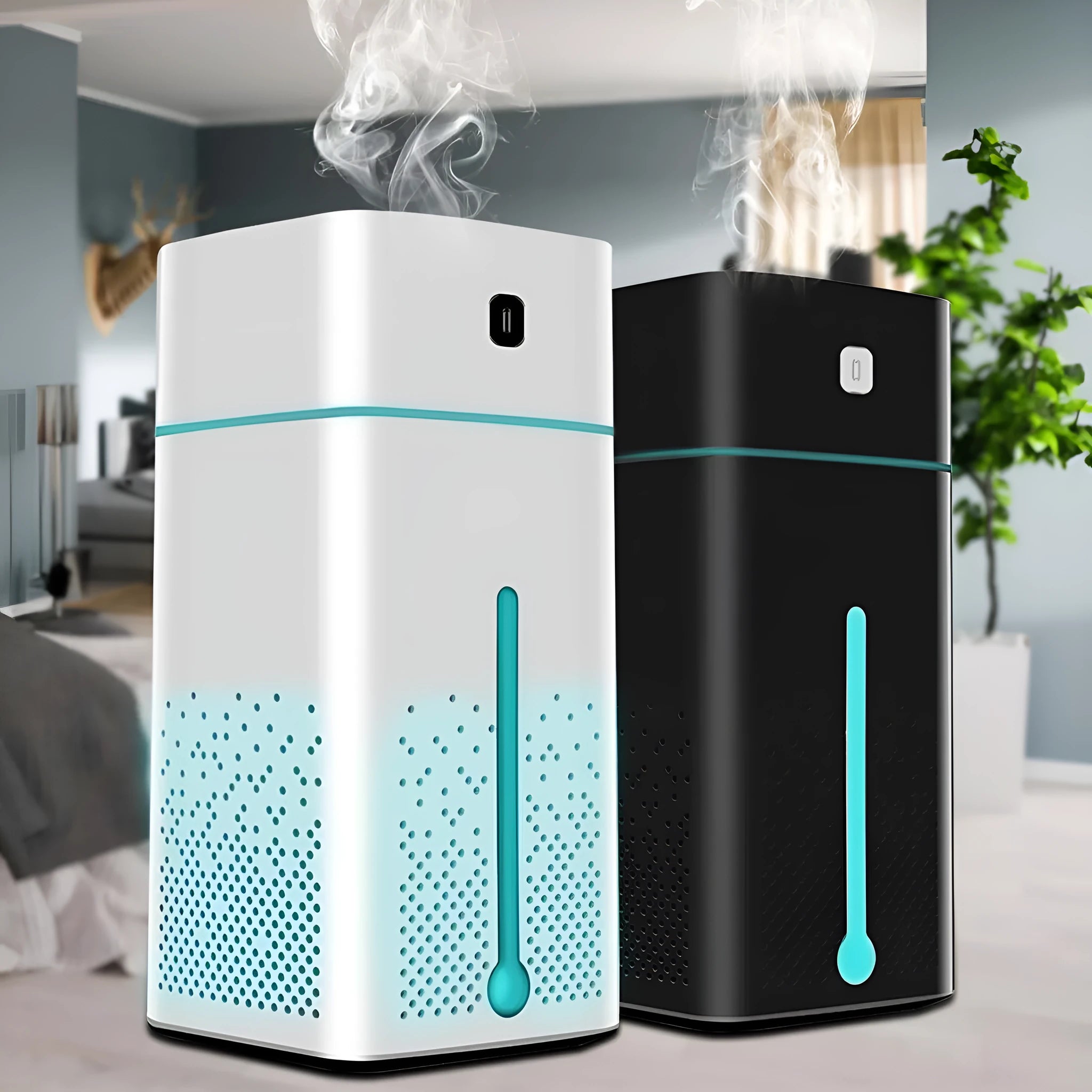 Black or white USB desktop humidifier with 1000ml water capacity measuring 103x103x218mm