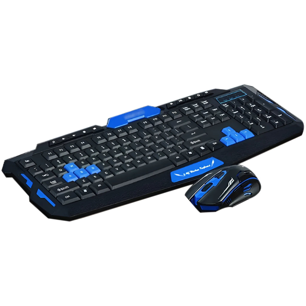 Black and blue wireless keyboard and mouse set on a desk
