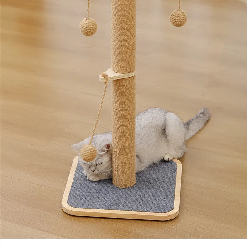 Windmill-coloured cat climbing frame with a hanging ball toy, made from pine wood and carpet leather.