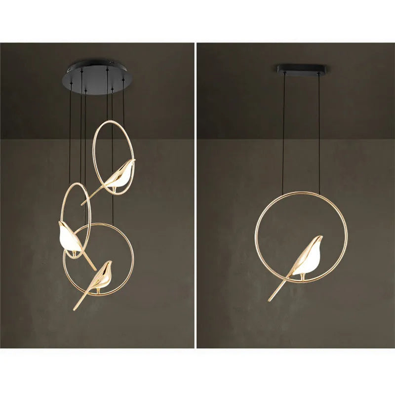 Modern minimalist magpie bird chandelier with zinc alloy framework and acrylic elements
