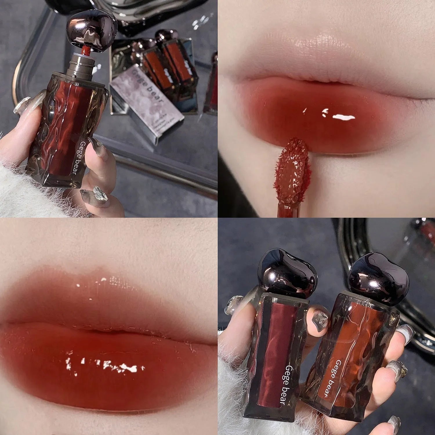 Glacier Lava Lip Lacquer set showing seven sheer glossy shades with built-in mirror