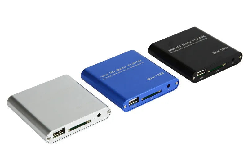 Compact blue or black 1080P media player with HDMI USB ports and all metal casing
