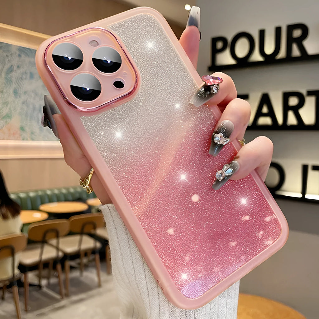 Ultra-thin transparent glitter gradient iPhone case with magnetic suction on a phone.