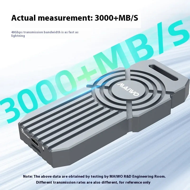Silver aluminium USB4 external hard disk enclosure for NVMe M.2 SSDs with compact rectangular design
