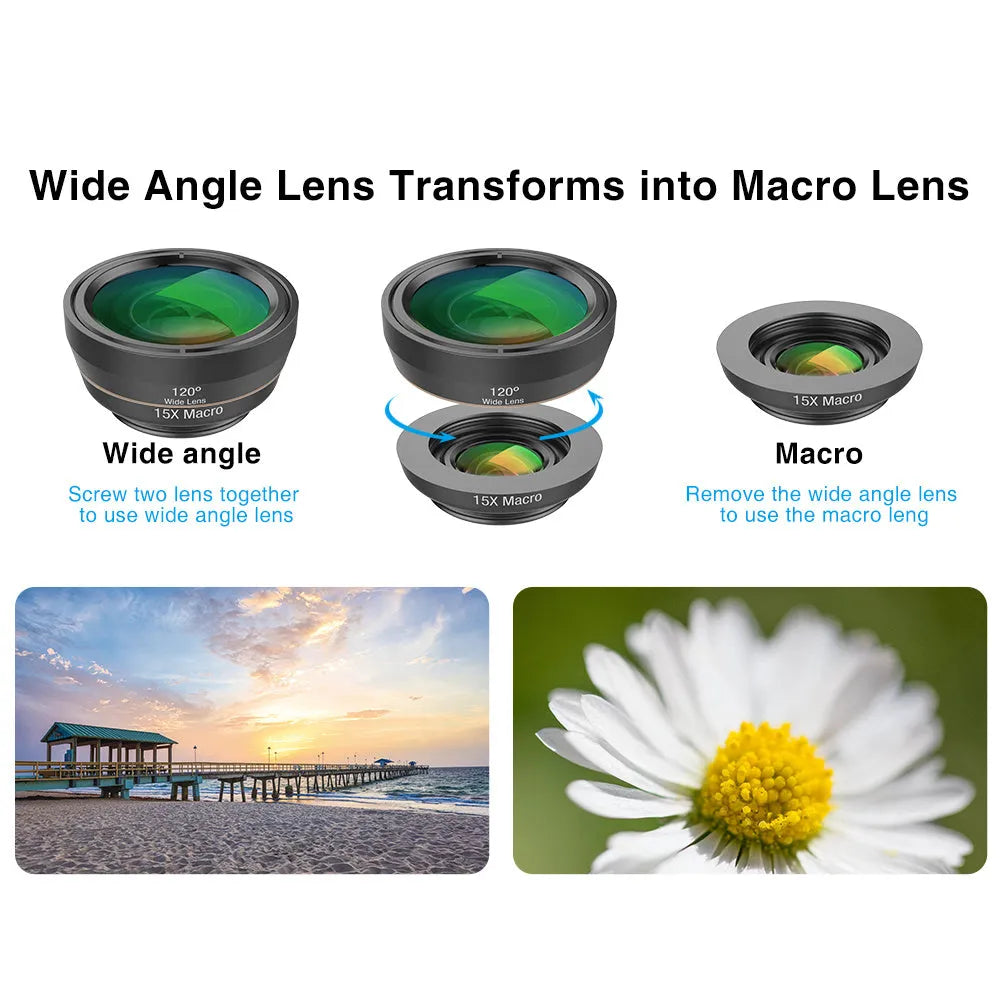 Black 6 in 1 smartphone camera lens kit with fisheye, macro, wide angle, telephoto, CPL and star filter lenses on a universal clip.